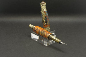 Dyed Box Elder Burl Dragon Fountain Pen - Antique Brass